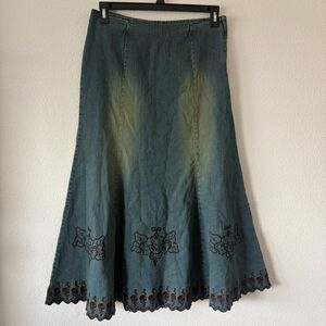 Live a Little Maxi Denim Skirt 8 Embroidered Floral Scallop Hem Boho Western